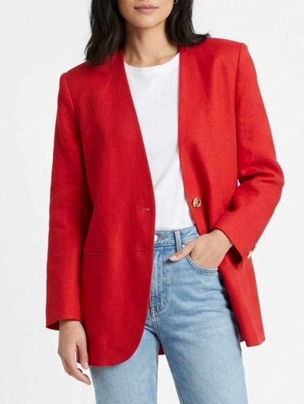 Vintage Jones New York Red Collarless Silk Blend Blazer